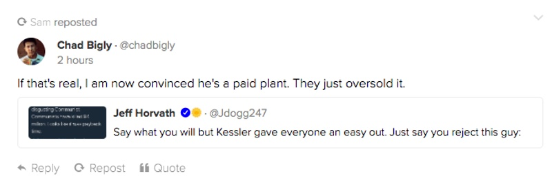 Screenshot from the social networking platform Gab, claiming that Jason Kessler is a paid plant for lefty causes who only pretends to be a white supremacist (Gab)